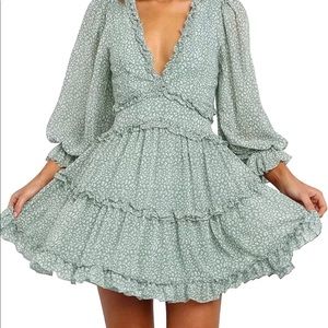 Womens Spring Summer Deep V Neck Ruffle Long Sleeve Floral Print Mini Dress